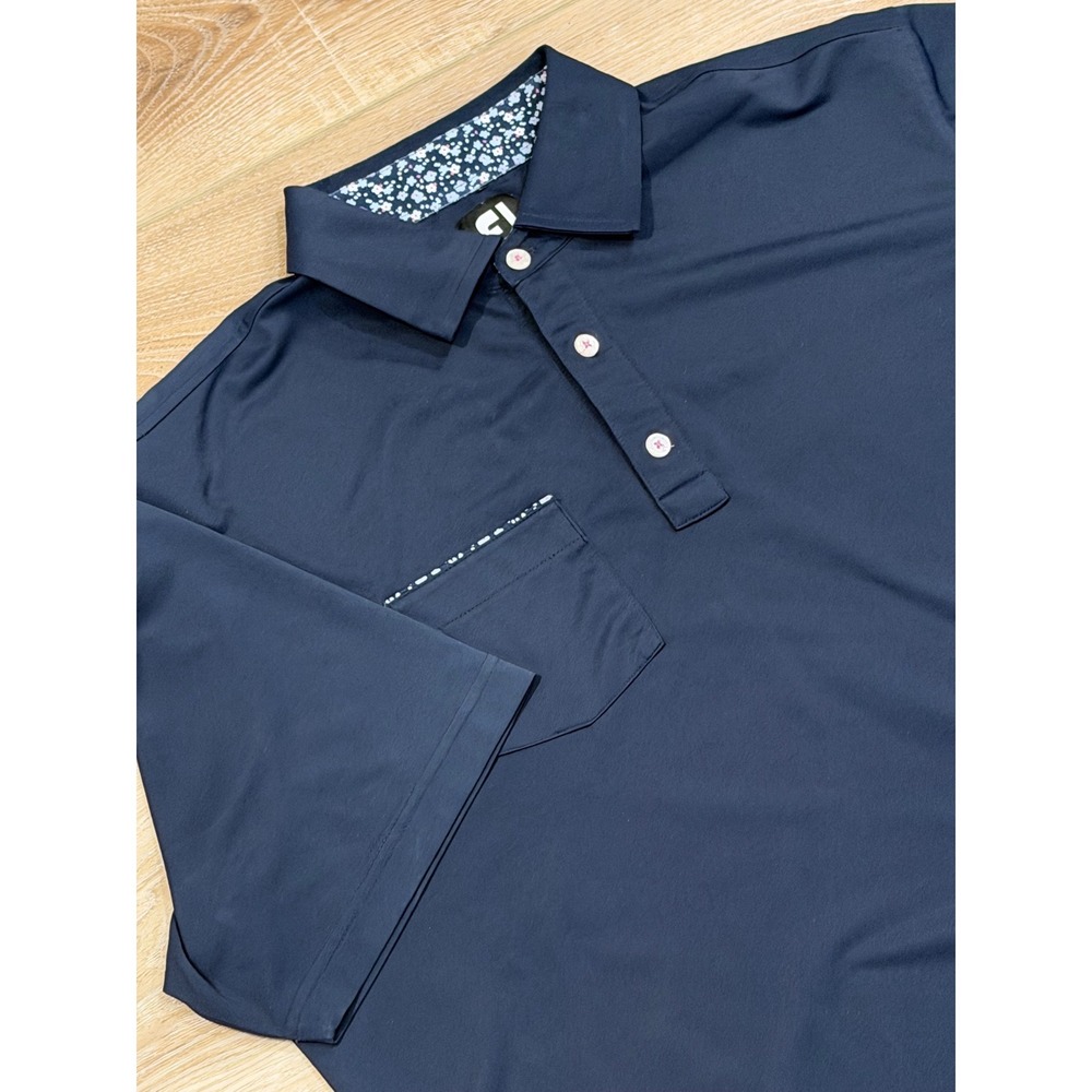 FootJoy Mens Navy Blue Floral Trim Performance Golf Polo Shirt XL Chest Pocket